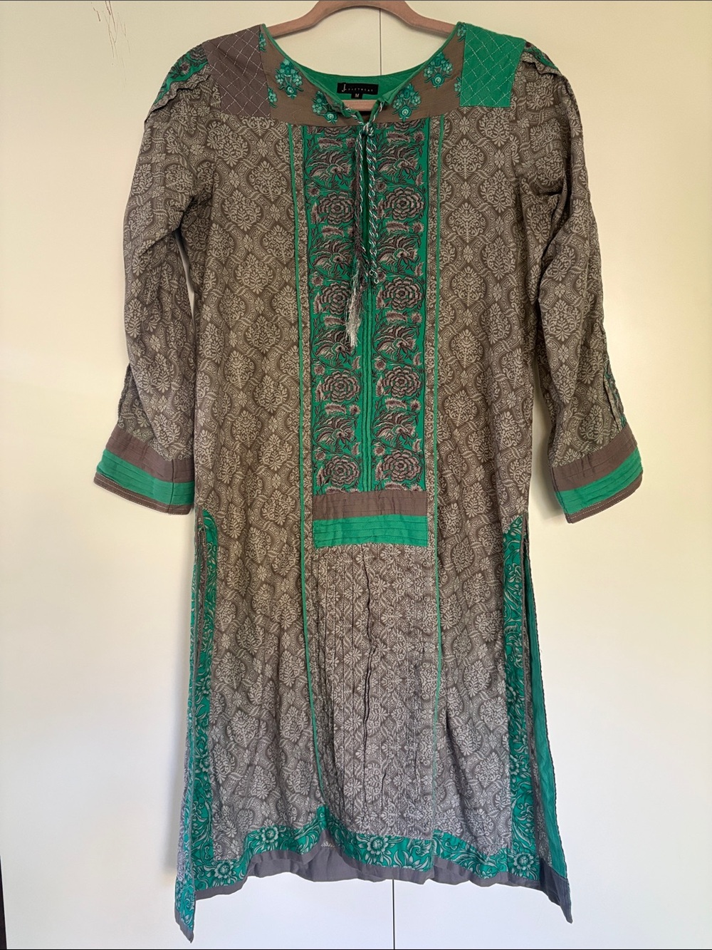 J. Pret Wear Green and Gray Embroidered Cotton Tunic Dress / Shirt M